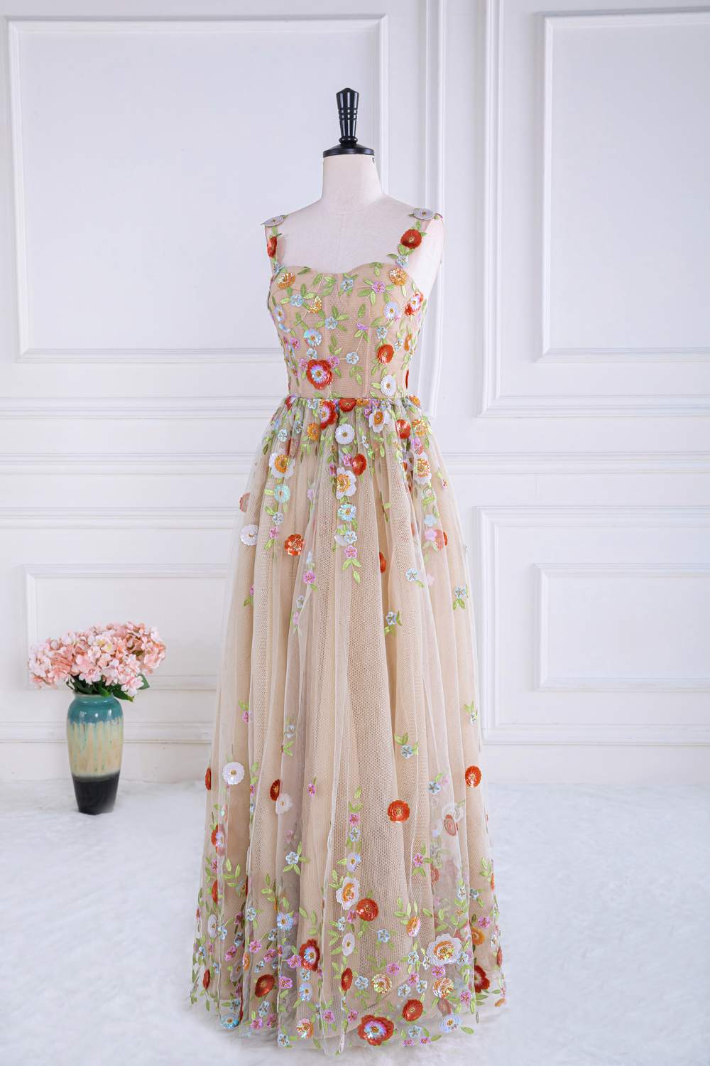 Champagne Sequin Floral A-line Formal Gown