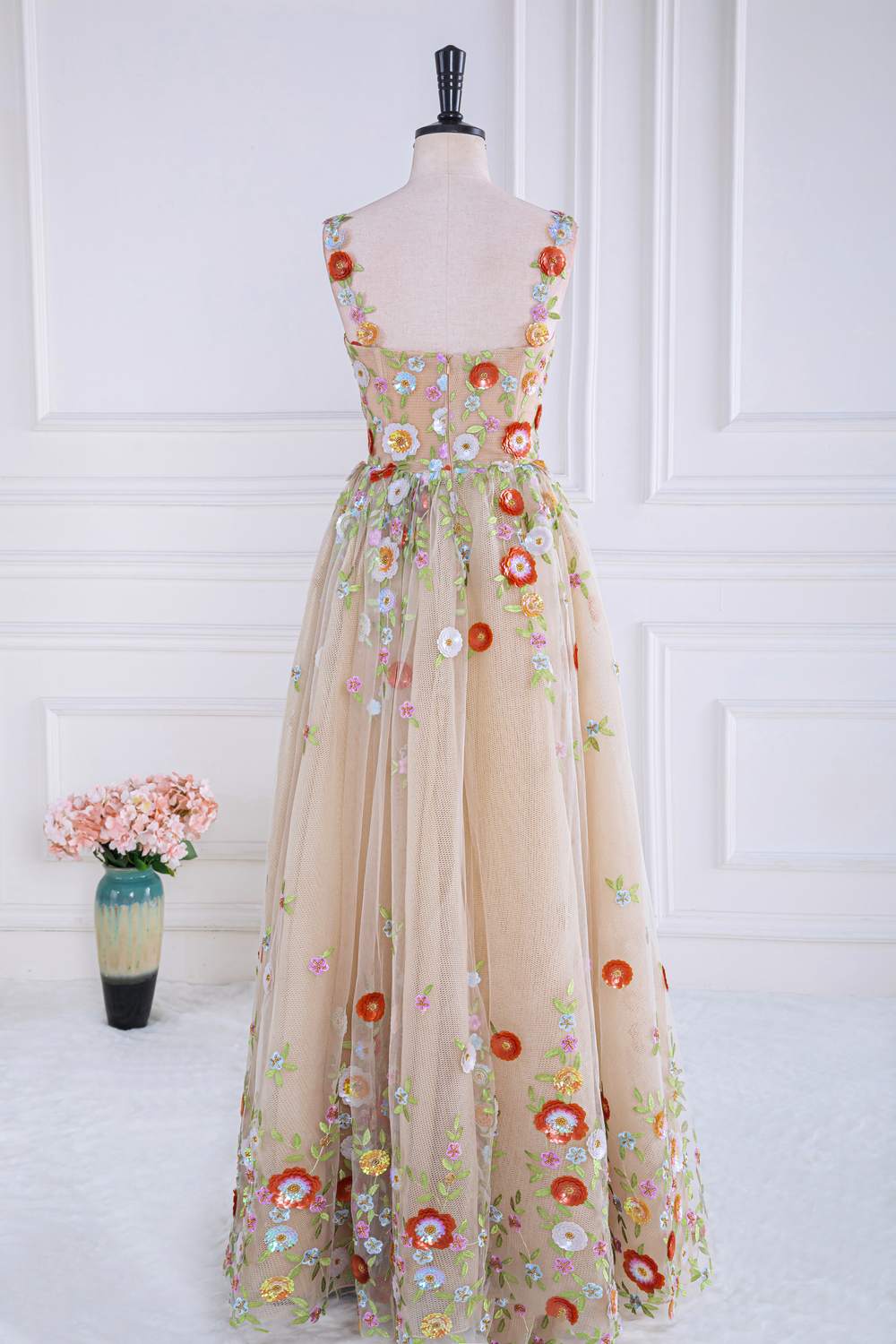 Champagne Sequin Floral A-line Formal Gown