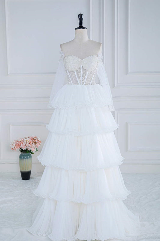 Pearls Corset White Ruffles Prom Gown