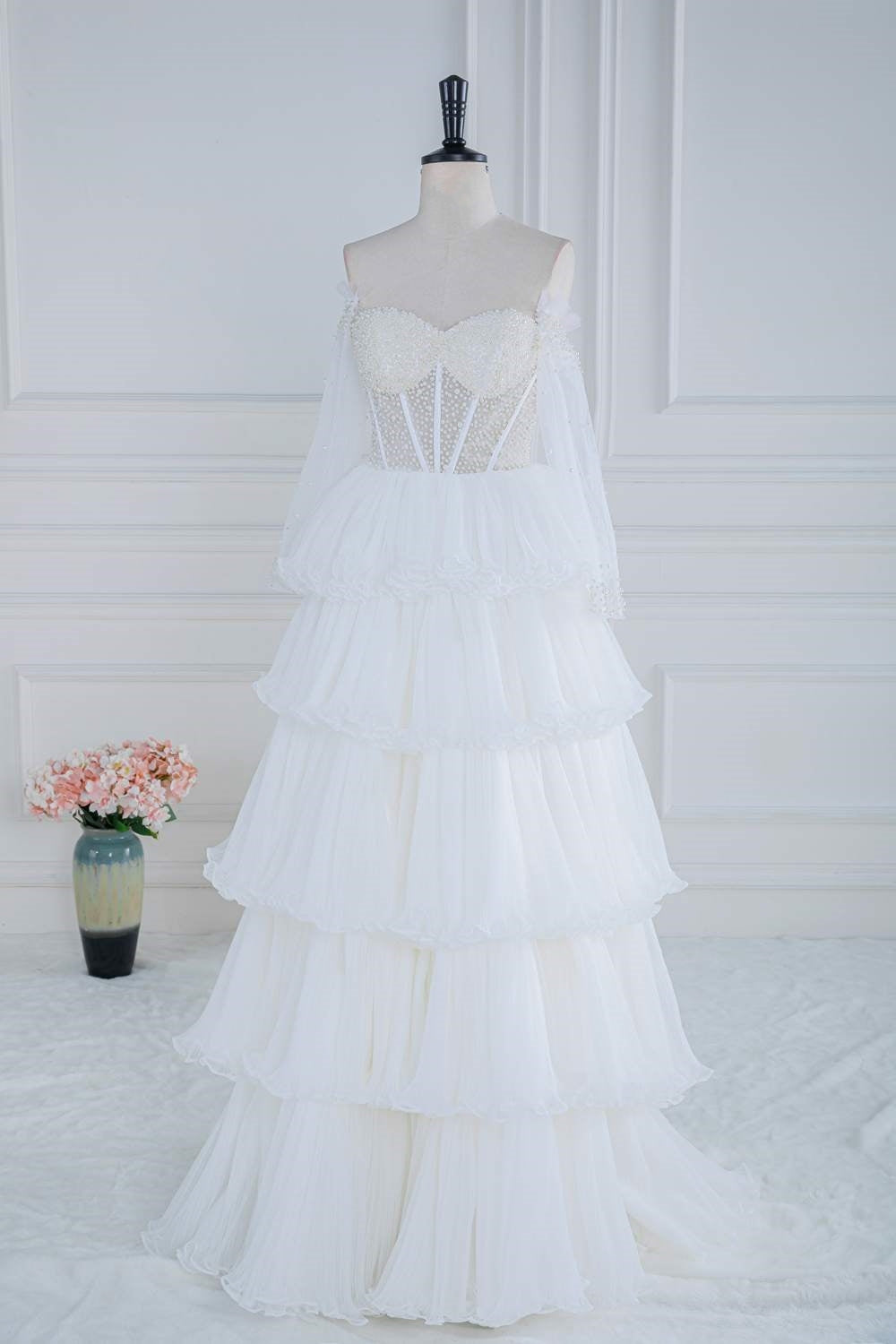 Pearls Corset White Ruffles Prom Gown