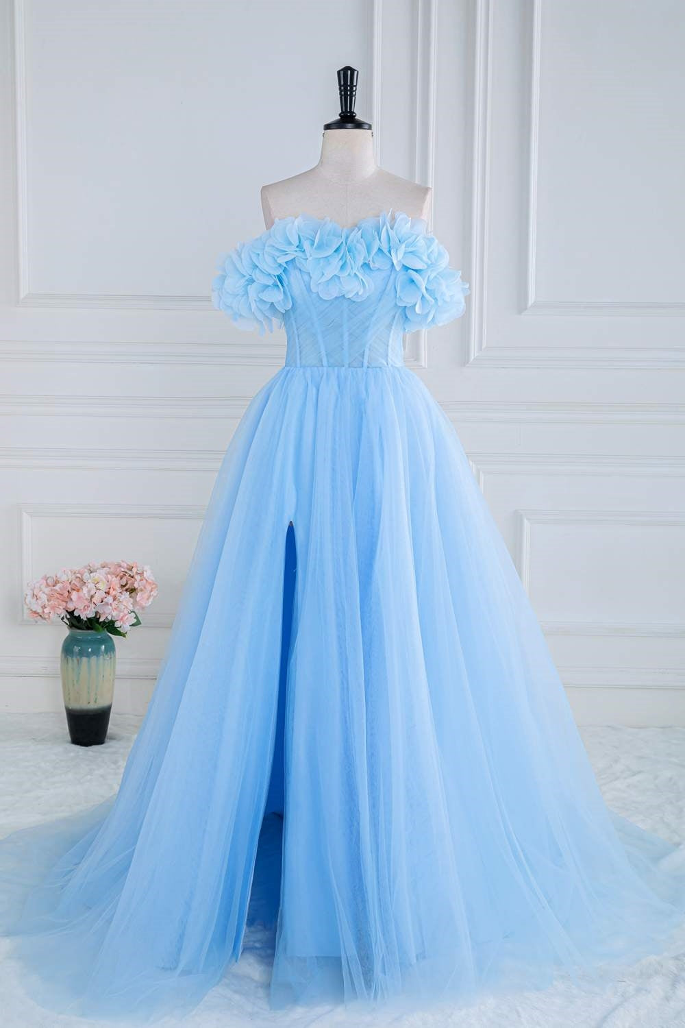 Off the Shoulder Blue Cinderella Dress with Slit