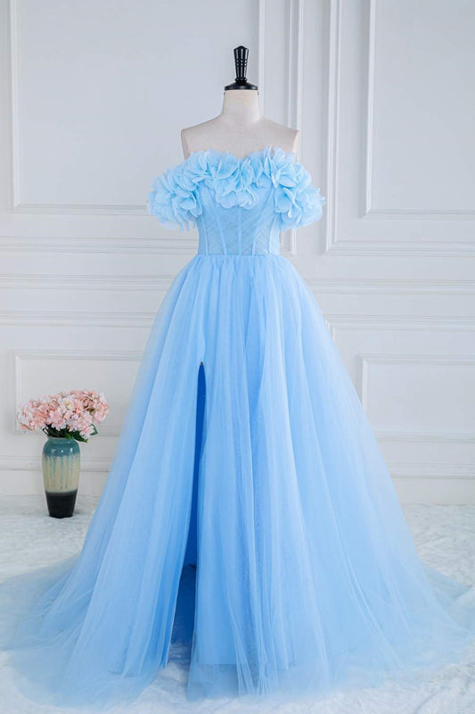 Off the Shoulder Blue Cinderella Dress with Slit