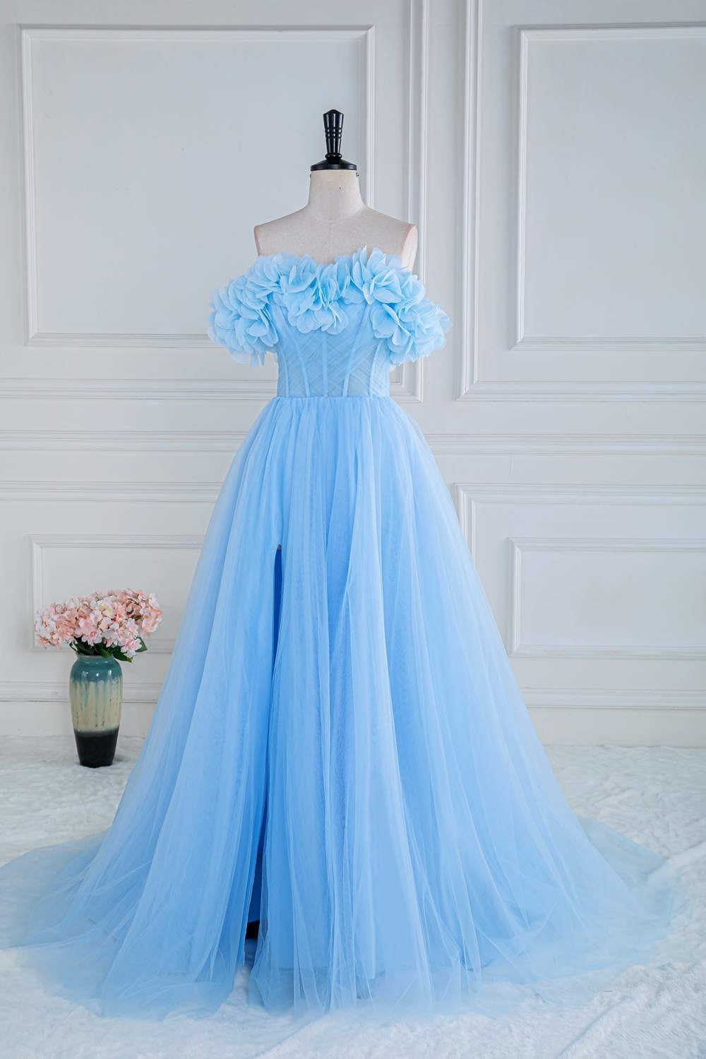 Off the Shoulder Blue Cinderella Dress with Slit