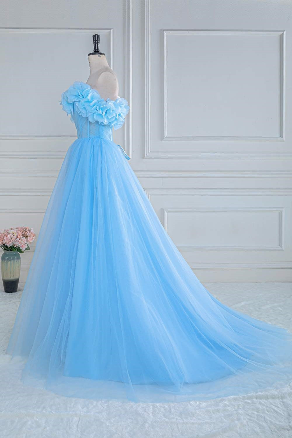 Off the Shoulder Blue Cinderella Dress with Slit