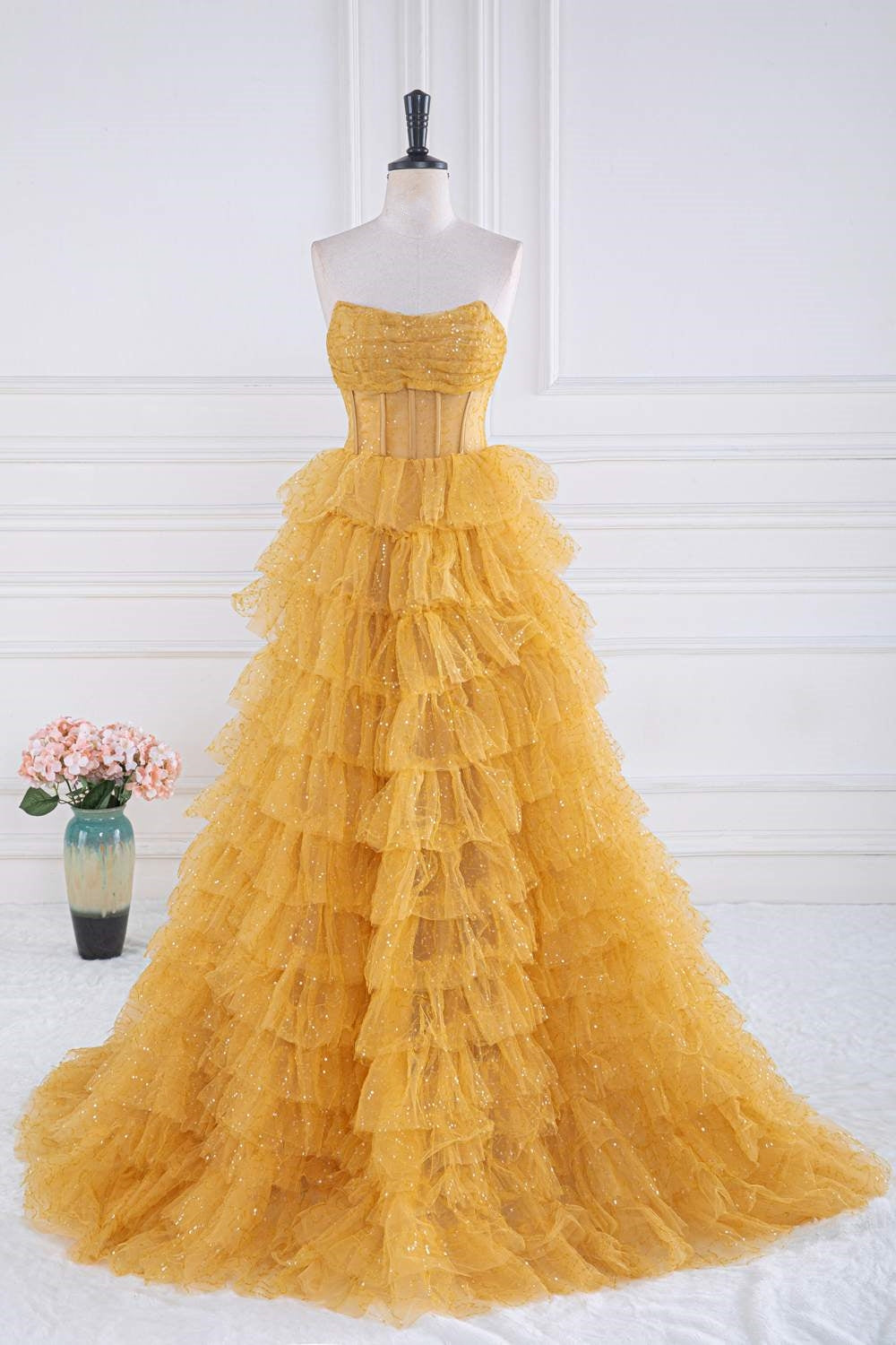 Gold Sparkle Tulle Tiered Ruffles Prom Dress