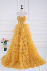 Gold Sparkle Tulle Tiered Ruffles Prom Dress