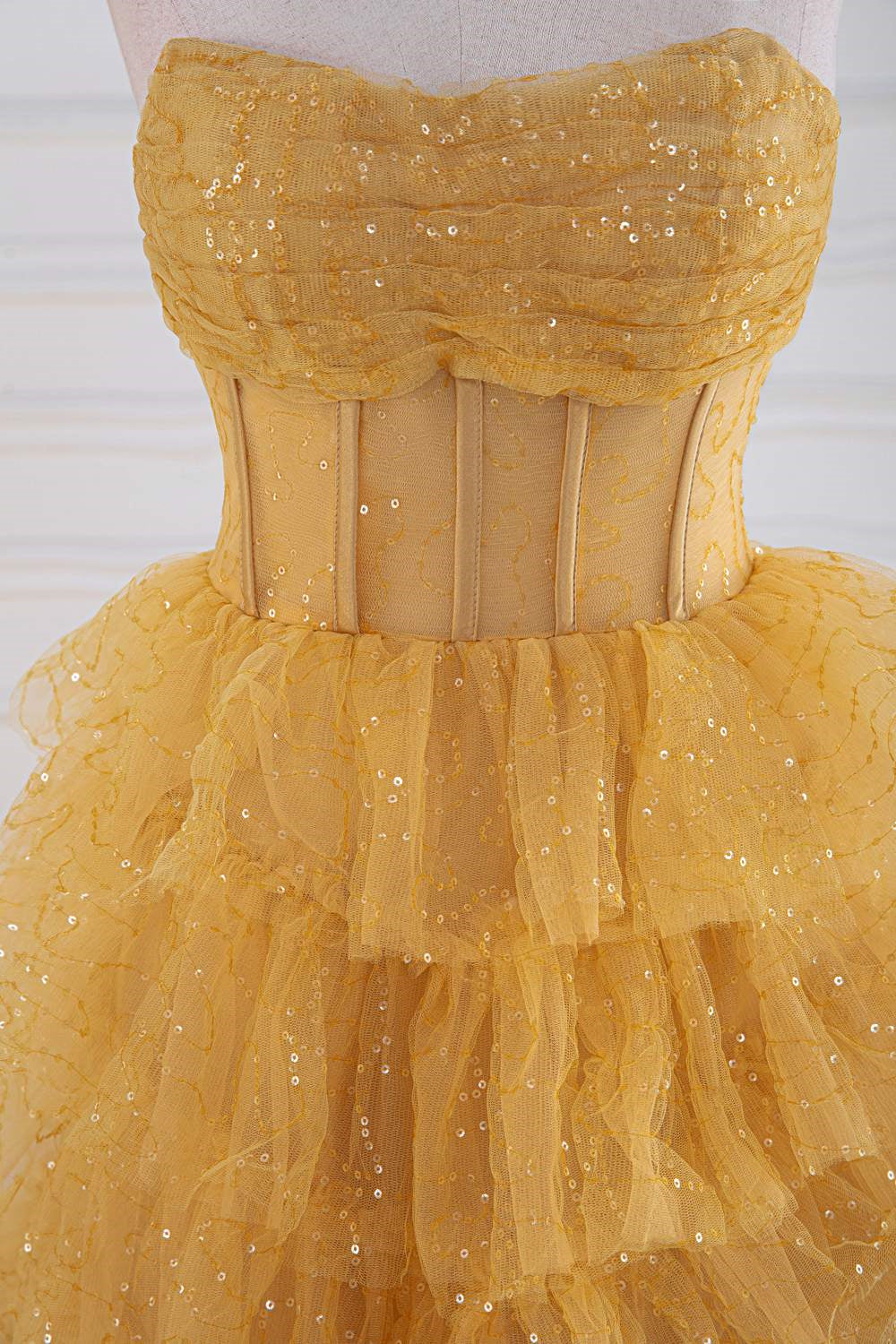 Gold Sparkle Tulle Tiered Ruffles Prom Dress