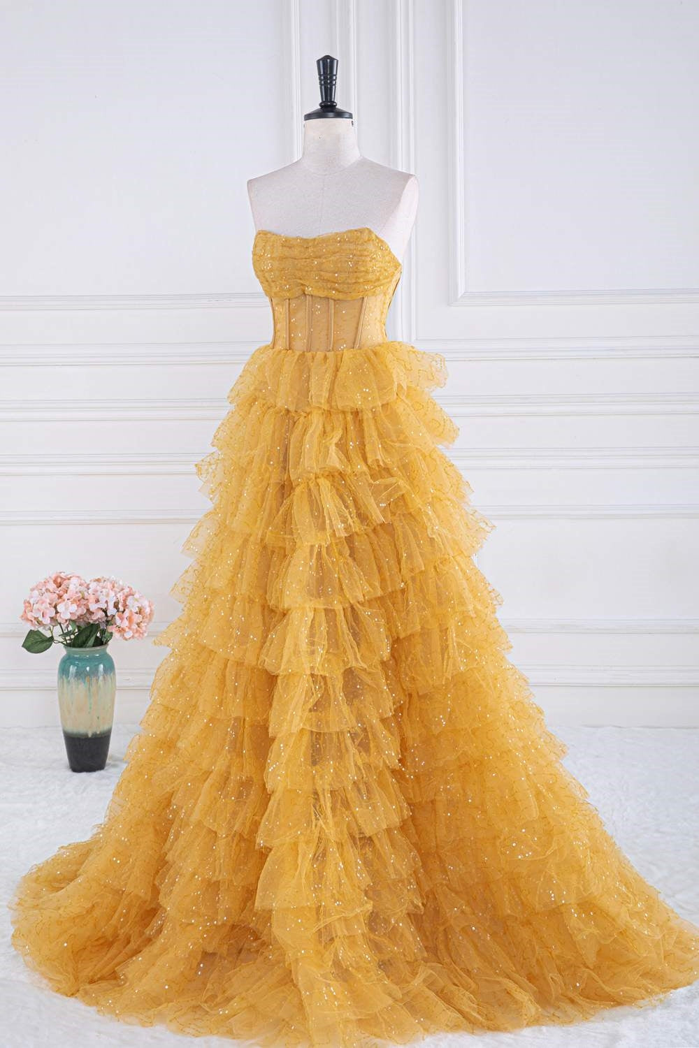Gold Sparkle Tulle Tiered Ruffles Prom Dress