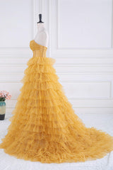 Gold Sparkle Tulle Tiered Ruffles Prom Dress