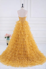 Gold Sparkle Tulle Tiered Ruffles Prom Dress