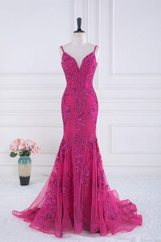 Fuchsia Sequin Mermaid Long Prom Dress