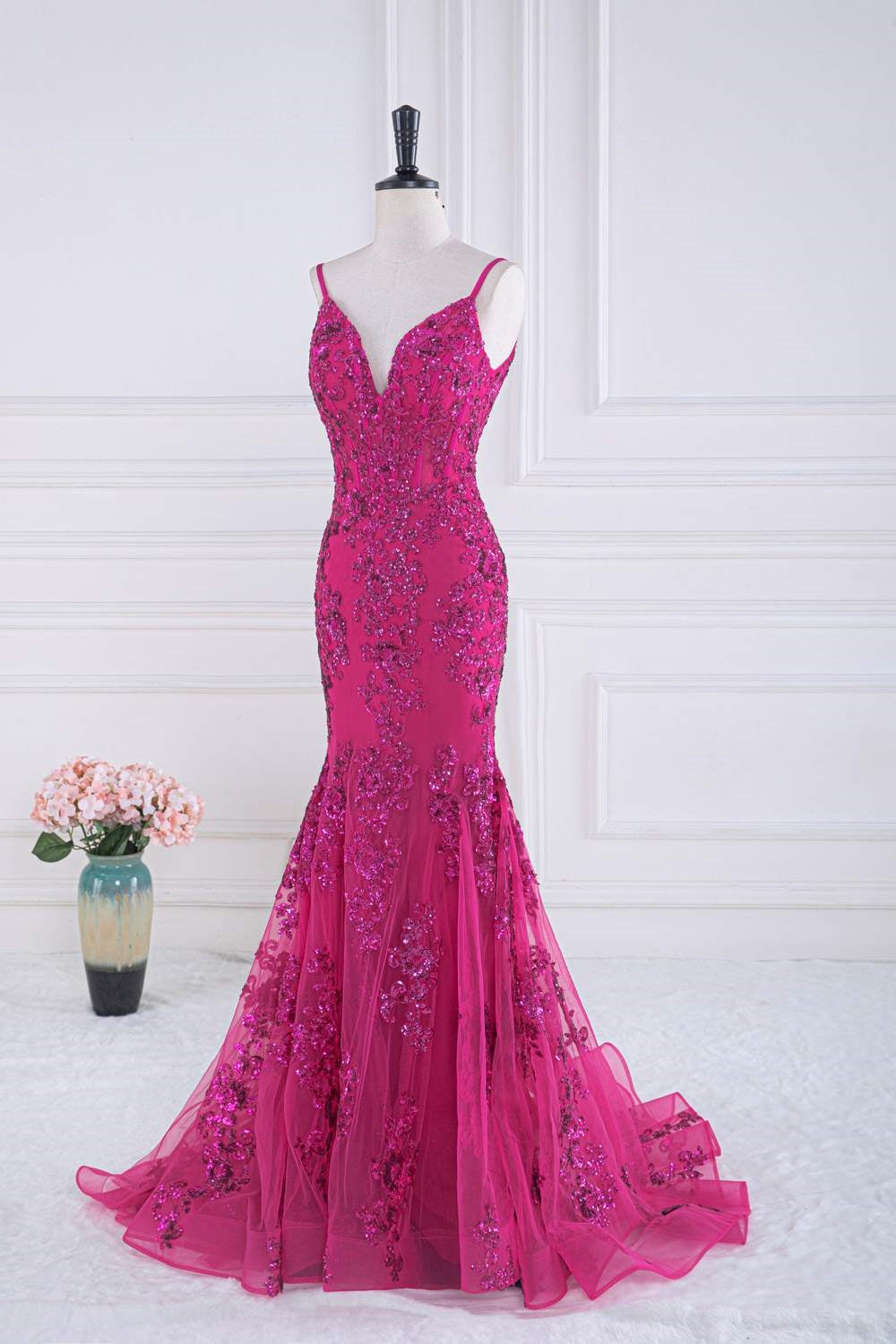 Fuchsia Sequin Mermaid Long Prom Dress