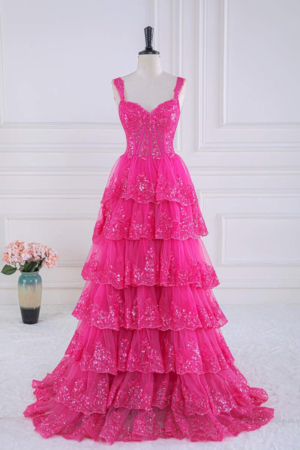 Corset Sequin Tulle Tiered Ruffles Long Prom Dress