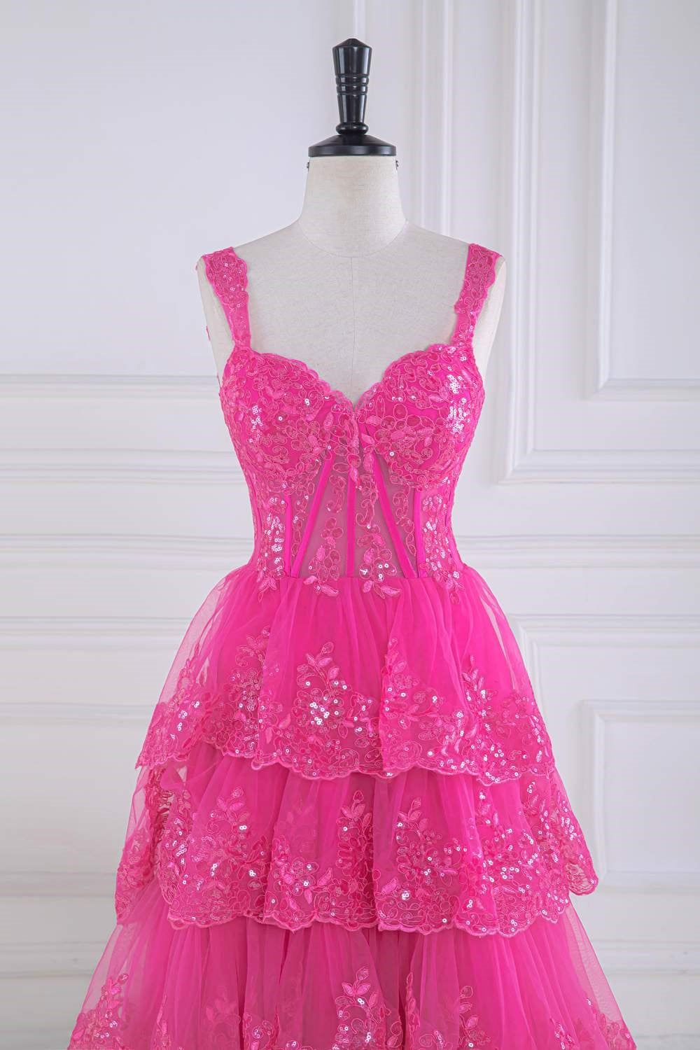 Corset Sequin Tulle Tiered Ruffles Long Prom Dress