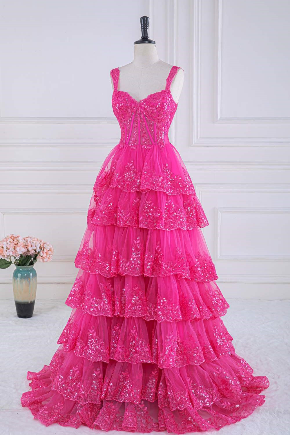 Corset Sequin Tulle Tiered Ruffles Long Prom Dress
