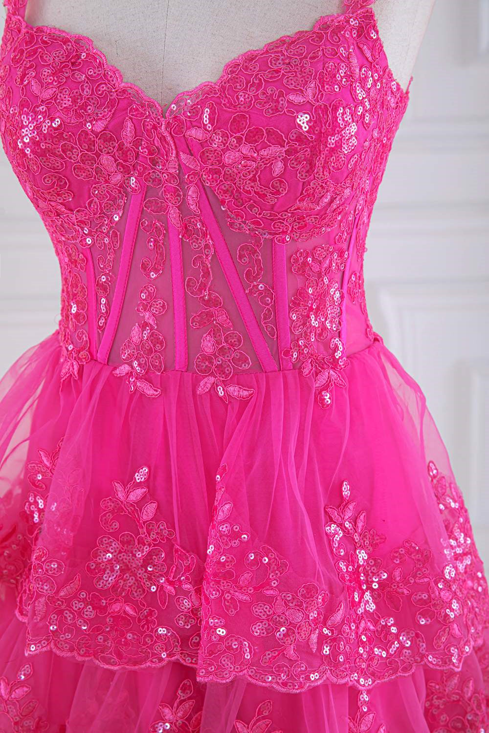 Corset Sequin Tulle Tiered Ruffles Long Prom Dress