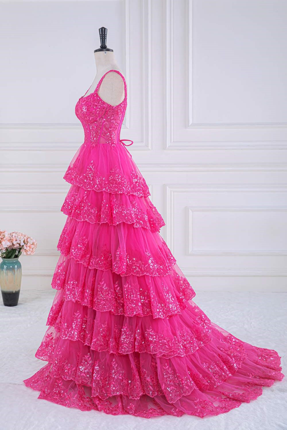 Corset Sequin Tulle Tiered Ruffles Long Prom Dress