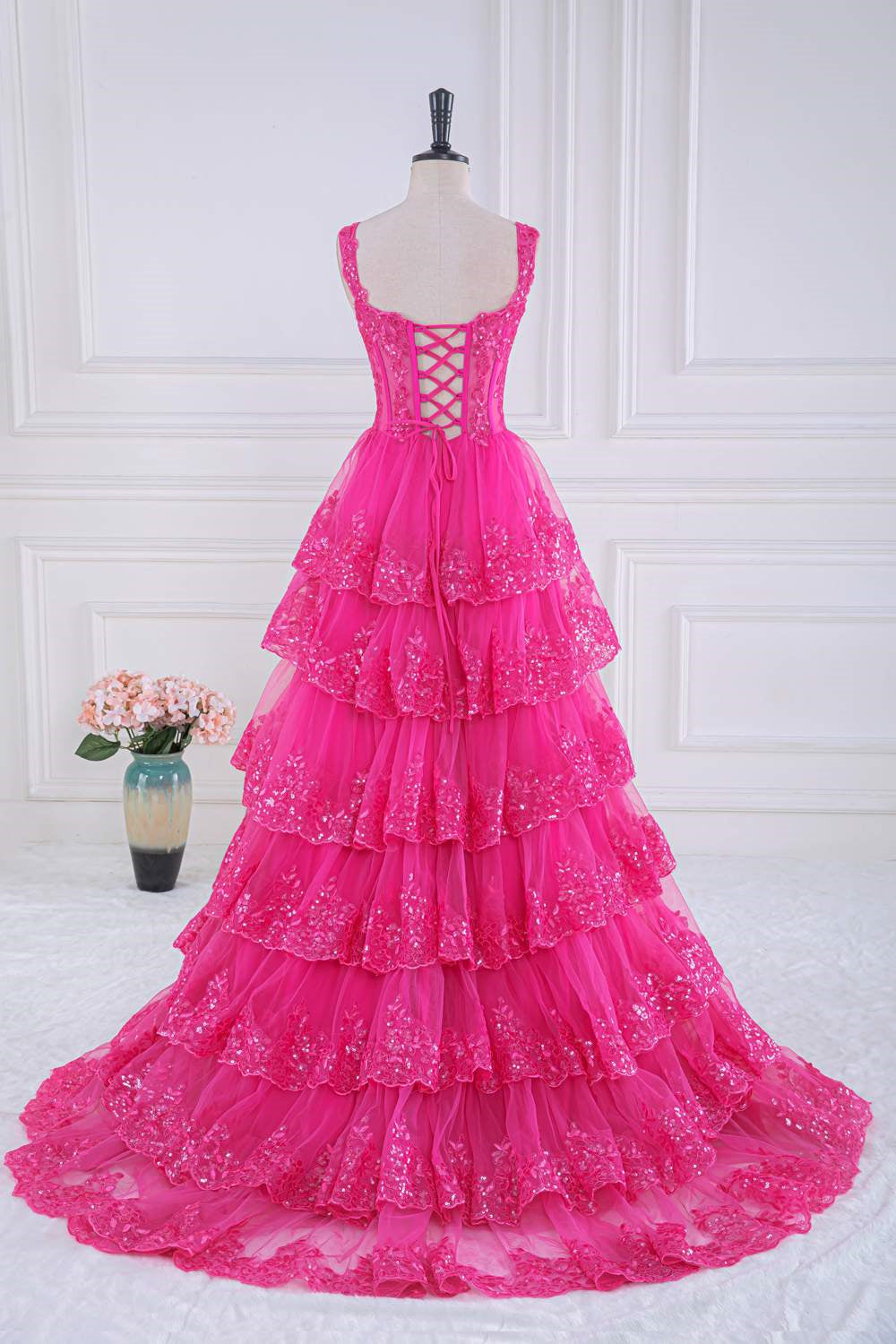 Corset Sequin Tulle Tiered Ruffles Long Prom Dress