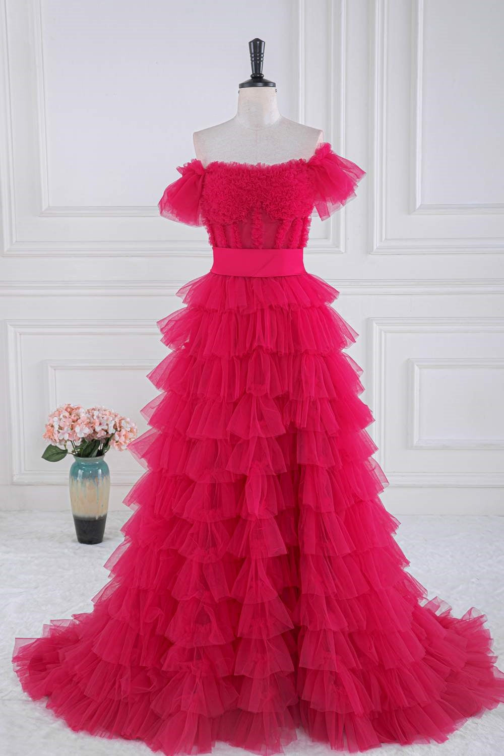 Fuchsia Tulle Tiered Long Formal Dress with Slit