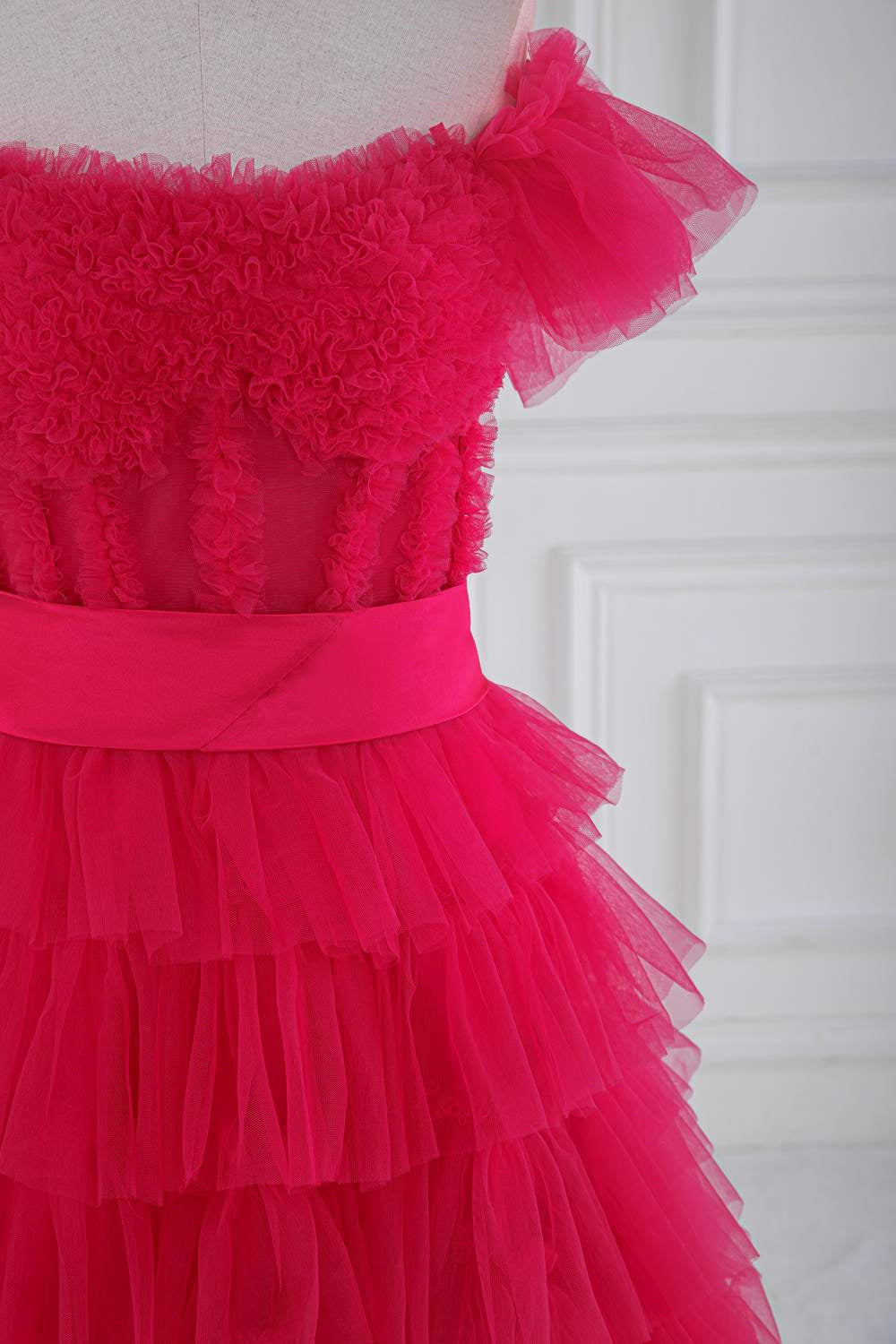 Fuchsia Tulle Tiered Long Formal Dress with Slit
