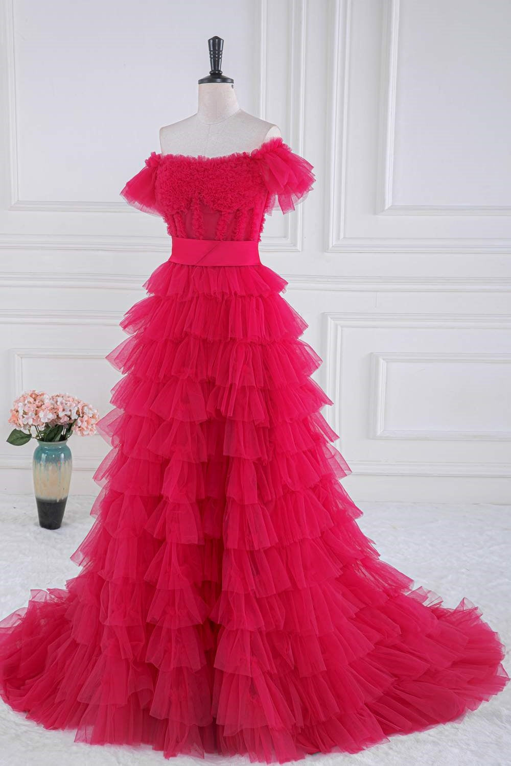 Fuchsia Tulle Tiered Long Formal Dress with Slit