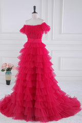 Fuchsia Tulle Tiered Long Formal Dress with Slit