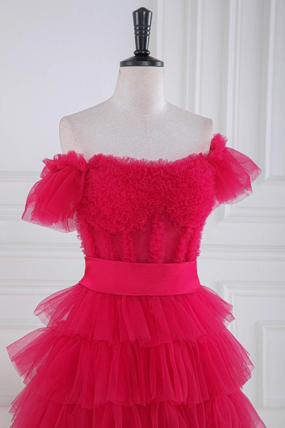 Fuchsia Tulle Tiered Long Formal Dress with Slit