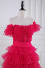 Fuchsia Tulle Tiered Long Formal Dress with Slit