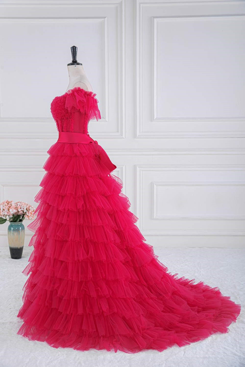 Fuchsia Tulle Tiered Long Formal Dress with Slit