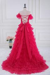 Fuchsia Tulle Tiered Long Formal Dress with Slit