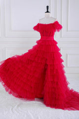 Fuchsia Tulle Tiered Long Formal Dress with Slit
