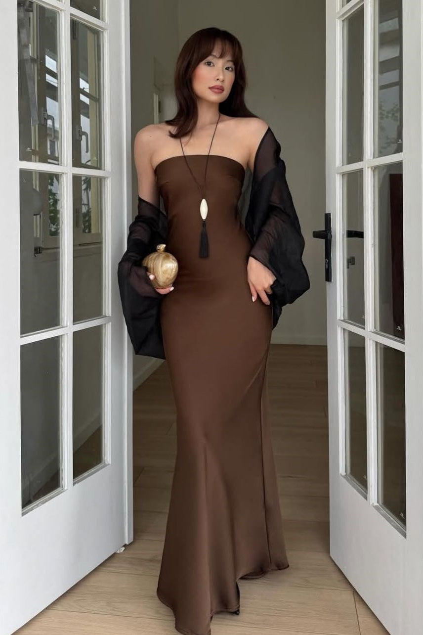 Burgundy Satin Strapless Fitted Maxi Dress