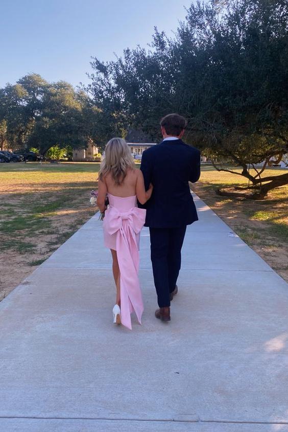 Strapless Pink Tight Party Dress with Bow