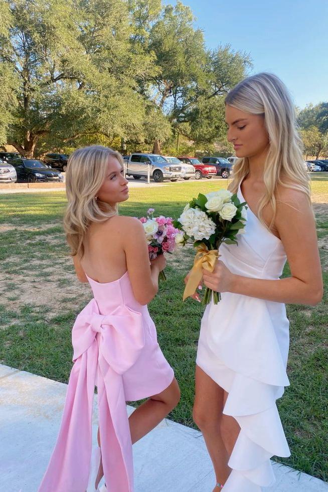 Strapless Pink Tight Party Dress with Bow