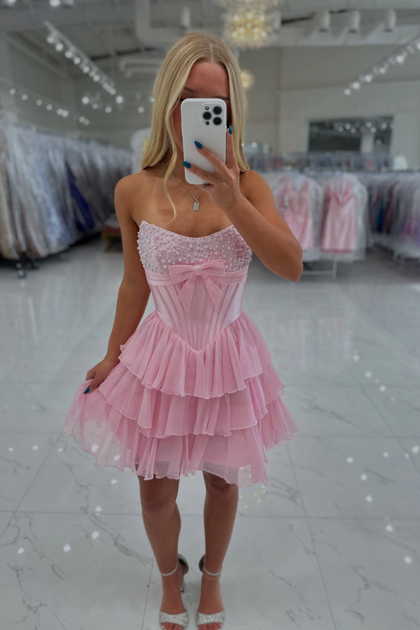 Pink Pearl Beaded Bodice A-Line Dress