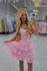 Pink Pearl Beaded Bodice A-Line Dress