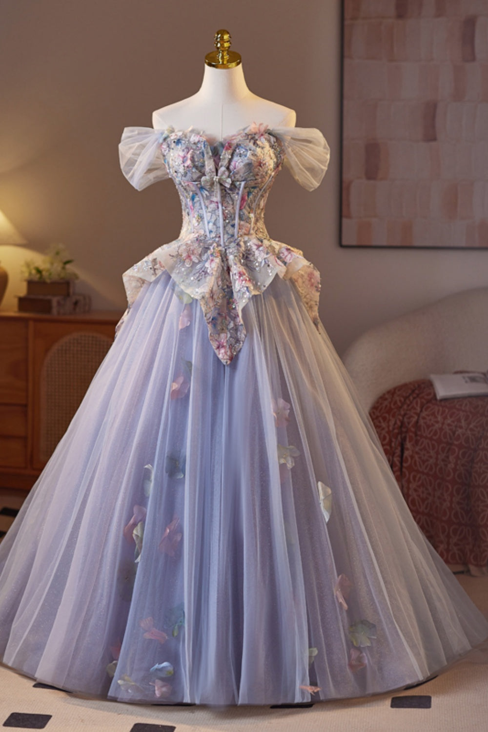 Off the Shoulder Lilac Floral Sparkle Tulle Long Dress