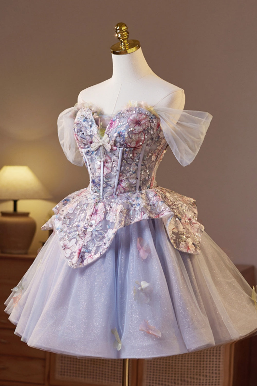 Off the Shoulder Lilac Floral Sparkle Tulle Short Dress