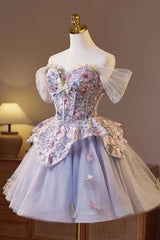 Off the Shoulder Lilac Floral Sparkle Tulle Short Dress