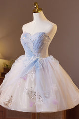 Strapless White and Blue Butterfly Sparkle Tulle Dress