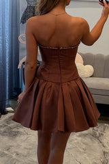 Brown Pearl-Trim Strapless Mini Dress