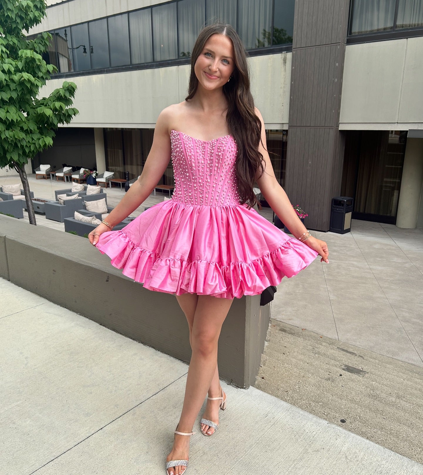 Pink Strapless A-line Pearls Short Dress