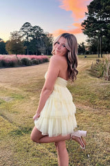 Strapless Yellow Short Ruffle Party Dress