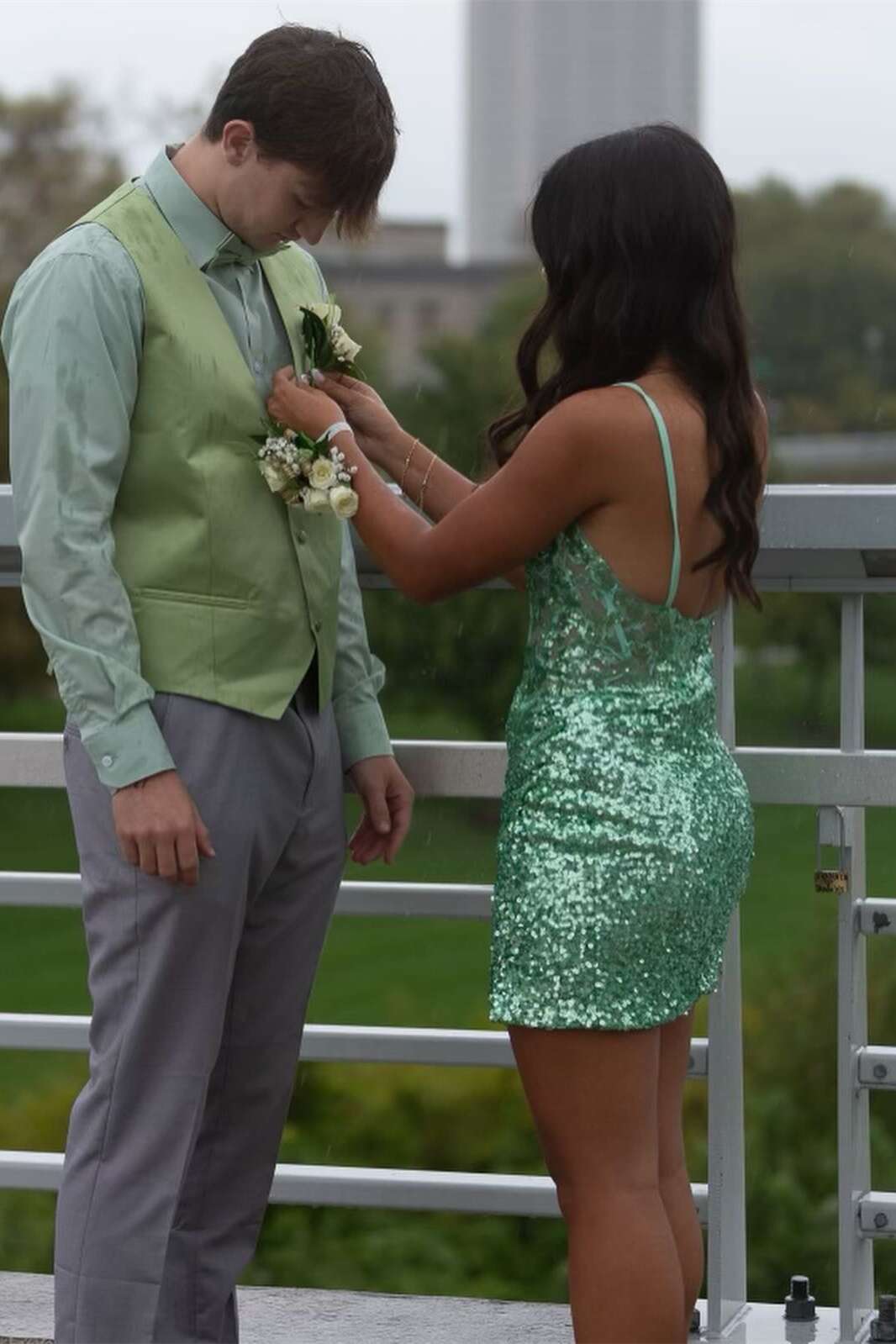 Straps Green Sequin Sheer Appliques Tight Mini Dress