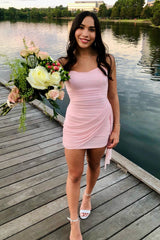 Strapless Pink Ruched Mini Dress with Train