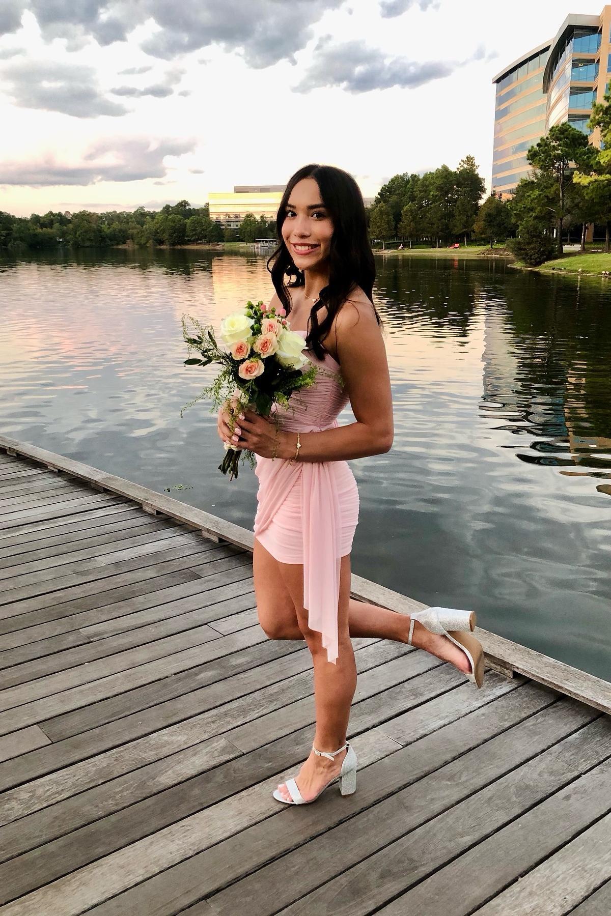 Strapless Pink Ruched Mini Dress with Train