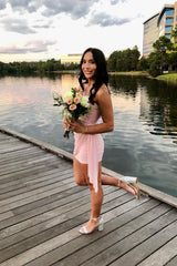 Strapless Pink Ruched Mini Dress with Train
