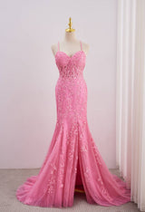 Straps Hot Pink Lace Appliques Mermaid Prom Dress