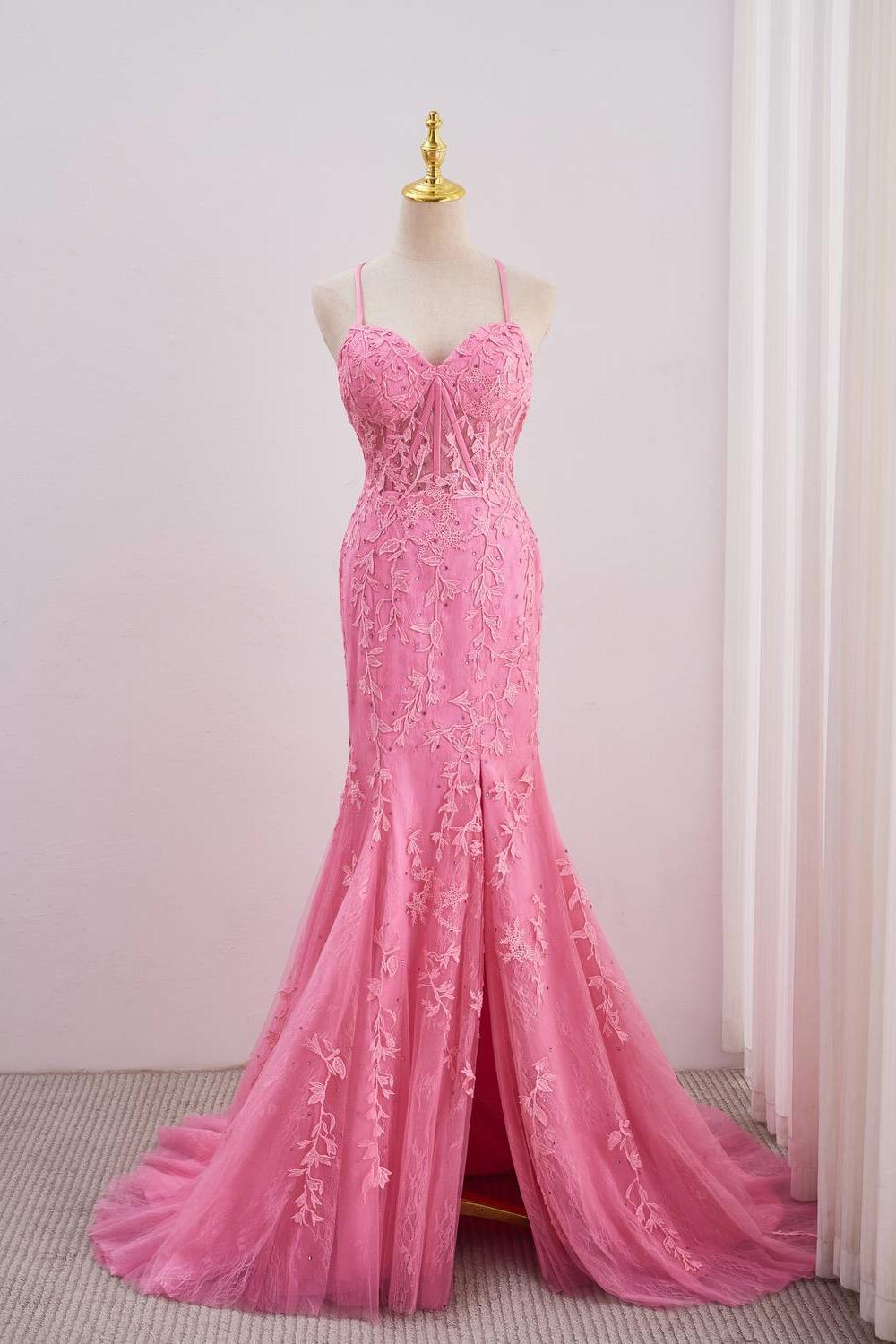 Straps Hot Pink Lace Appliques Mermaid Prom Dress