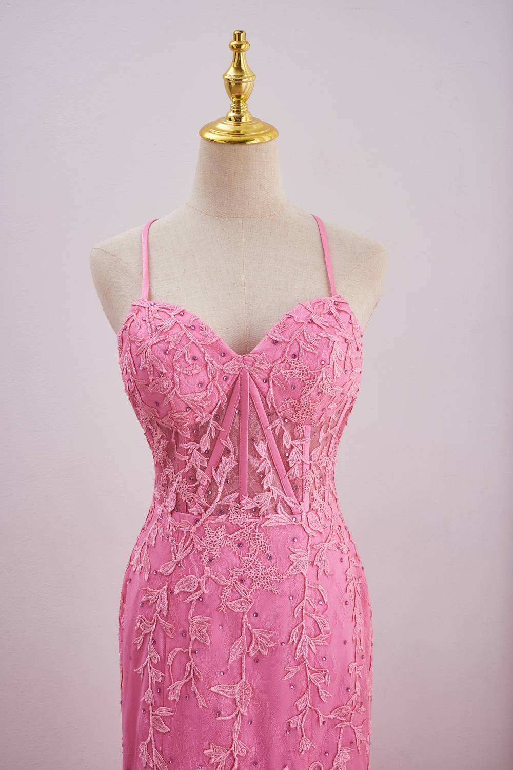 Straps Hot Pink Lace Appliques Mermaid Prom Dress